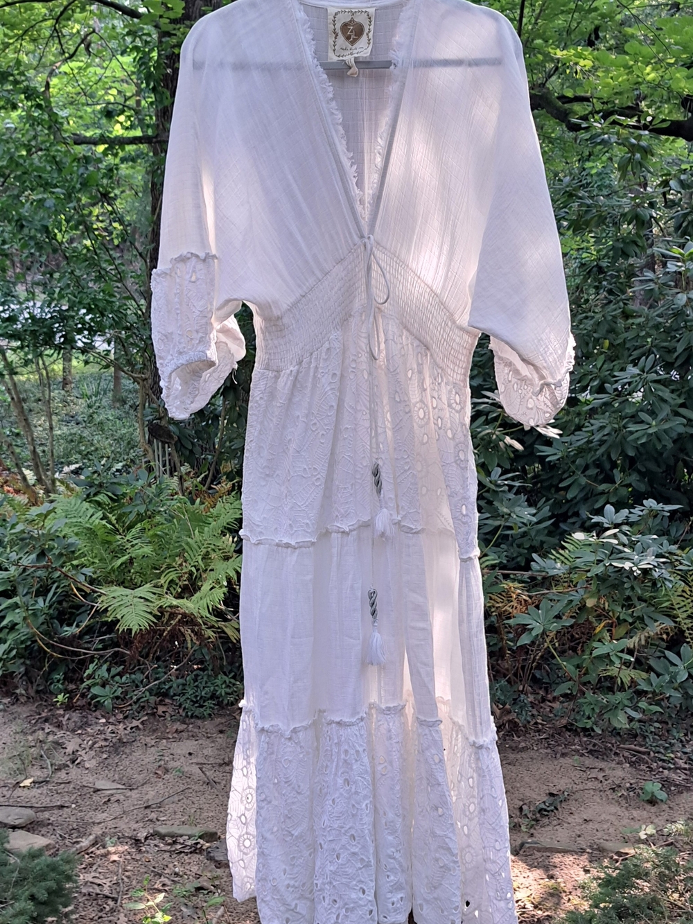 White Eyelet Tiered Maxi Dress with Tassel Tie